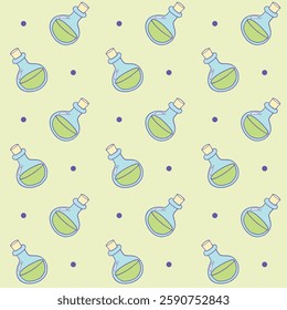 A seamless pattern featuring cute potion bottles with green liquid on a pastel green background, designed in a kawaii cartoon style, Vector Illustration