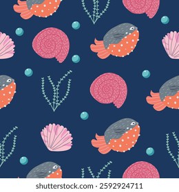 A seamless pattern featuring cute pufferfish, spiral shells, seaweed, and bubbles on a dark oceanic background. Perfect for children's