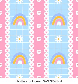 Seamless pattern featuring cute rainbow and flower in soft pastel colors. Kawaii-style vector design perfect for children textiles, wallpapers, and dreamy decor