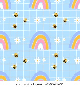 Seamless pattern featuring cute rainbow and flower in soft pastel colors. Kawaii-style vector design perfect for children textiles, wallpapers, and dreamy decor