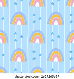 Seamless pattern featuring cute rainbow and flower in soft pastel colors. Kawaii-style vector design perfect for children textiles, wallpapers, and dreamy decor