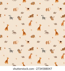 Seamless pattern featuring cute safari animals such as giraffe, zebra, elephant, turtle and squirrel in soft neutral tones. Hand drawn cartoon style illustration, perfect for kids designs, nursery decor, wallpaper, textile, fabric, wrapping paper, baby products and children themed projects.