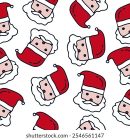 Seamless pattern featuring cute Santa Claus faces with red hats and white beards on a white background. Perfect for Christmas-themed designs, holiday decorations, and festive wrapping paper