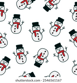 Seamless pattern featuring cute snowmen with black hats and red scarves, arranged in various orientations on a white background. Perfect for holiday-themed designs and winter decorations.