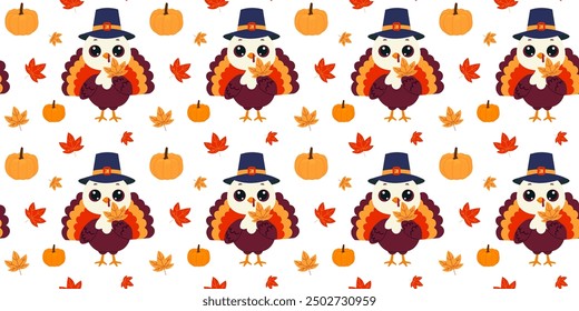 Seamless pattern featuring cute turkeys wearing pilgrim hats, holding autumn leaves. The background is decorated with scattered pumpkins and colorful fall leaves. Perfect for Thanksgiving designs.