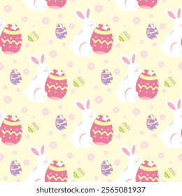 A seamless pattern featuring a cute white rabbit holding a pastel pink egg, perfect for gift wrap and fabric designs with a festive Easter theme.