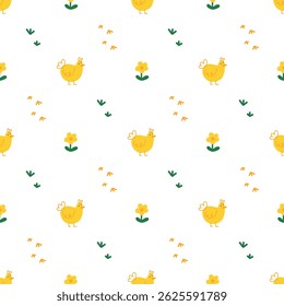 Seamless pattern featuring cute yellow chickens, flowers, and footprints. Designed in playful cartoon style, perfect for children’s products and seasonal designs. Great for fabric and stationery.