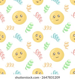 Seamless pattern featuring cute yellow smiley faces with big eyes alongside colorful swirling ribbons on a white background