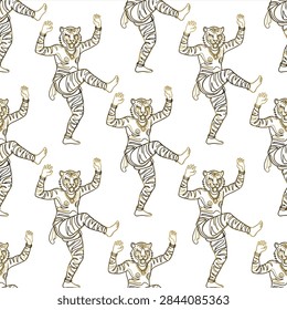 A seamless pattern featuring dancing tiger figures in gold lines