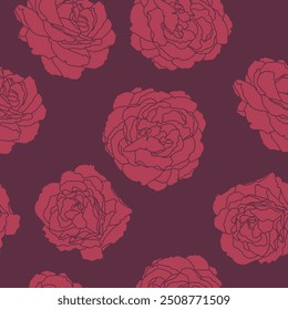 Seamless pattern featuring dark red roses on a burgundy background, vector illustration ideal for textile and wallpaper use.