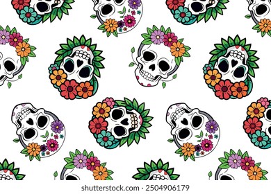 Seamless pattern featuring Day of the Dead skulls with floral crowns, ideal for textile design, wrapping paper, and festive backgrounds. Bright, lively colors with a cheerful, cultural theme