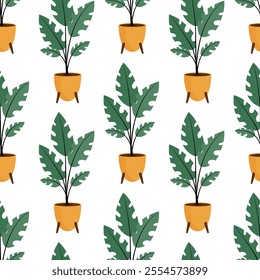 Seamless pattern featuring decorative houseplants in pots, showcasing vibrant green indoor plants and flowers.