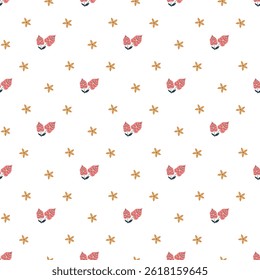 Seamless pattern featuring decorative red flowers and orange star-shaped accents over a white background, ideal for fabric design, wallpapers, digital projects, and editorial layout enhancing.