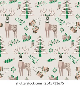Seamless pattern featuring deer, trees, and winter elements in Scandinavian style. This is a vector illustration suitable for holiday projects.