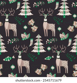 Seamless pattern featuring deer, trees, and winter elements in Scandinavian style. This is a vector illustration suitable for holiday projects.