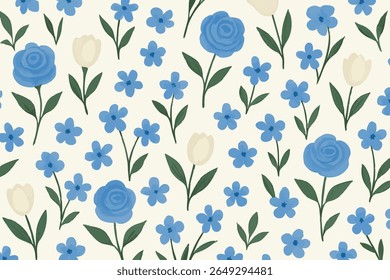 A seamless pattern featuring delicate blue five-petal flowers, vibrant blue roses, and elegant white tulips on a light cream background, creating a serene and natural aesthetic