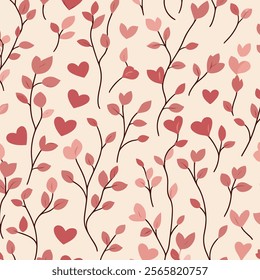 A seamless pattern featuring delicate branches adorned with leaves and small hearts in shades of pink and red against a light beige background. 