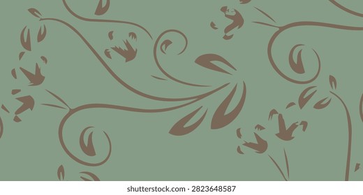 A seamless pattern featuring delicate brown floral motifs and swirling vines against a soft, muted green backdrop, evoking a sense of vintage charm.