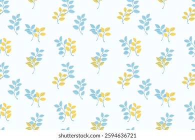 Seamless pattern featuring delicate foliage with yellow and blue leaves on a light background. Minimalist cute ornament inspired design  for textiles, packaging, invitations, childrens print
