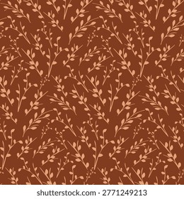 Seamless pattern featuring delicate light brown leafy branches scattered on a deep brown background.