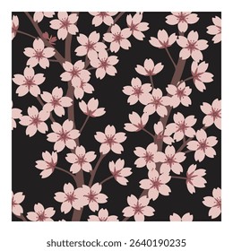 Seamless pattern featuring delicate pink cherry blossoms on brown branches against a dark background. This elegant design evokes a sense of spring, beauty, and tranquility.