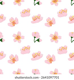 A seamless pattern featuring delicate pink cherry blossoms (Sakura) and buds scattered on a white background. The illustration style is clean and doodle-like, suggesting a light and cheerful aesthetic