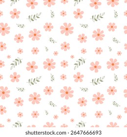 A seamless pattern featuring delicate pink flowers with orange centers scattered across a clean white background, interspersed with small green leafy sprigs. 