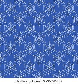 Seamless pattern featuring delicate white spider webs on a deep blue background, creating a mysterious and enchanting atmosphere. Perfect for Halloween-themed designs, fabric, and creative projects.