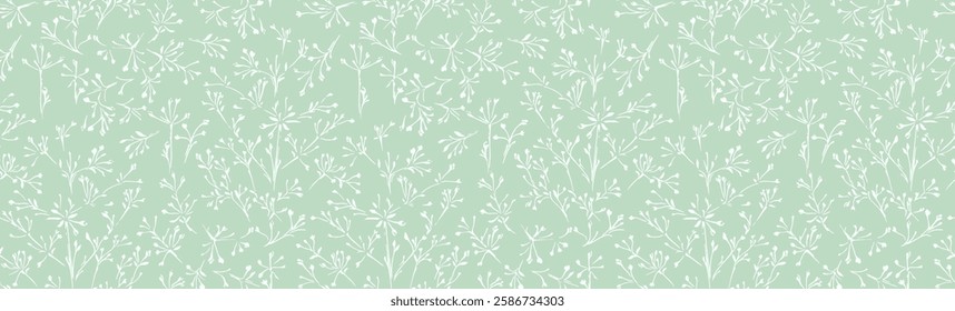 Seamless pattern featuring delicate white floral branches on a pastel mint green background. Elegant and minimalistic botanical design perfect for wallpapers, fabric prints, stationery