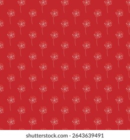 A seamless pattern featuring delicate white dandelions against a vibrant red background. Perfect for textiles, wallpaper, gift wrap, or other design projects needing a nature-inspired