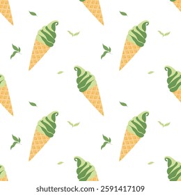 A seamless pattern featuring delicious matcha ice cream cones. Ideal for summer-themed designs and food-related content.