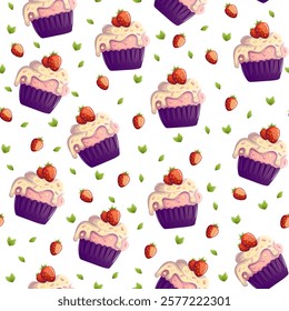 A seamless pattern featuring delicious pink cupcakes with creamy frosting and juicy strawberries on top. This sweet and cheerful design brings a fun and delightful mood to any creative project.