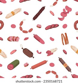 Seamless Pattern Featuring Delicious Sausages. Quirky Creative Tile Background with Delicatessen, Vector Illustration