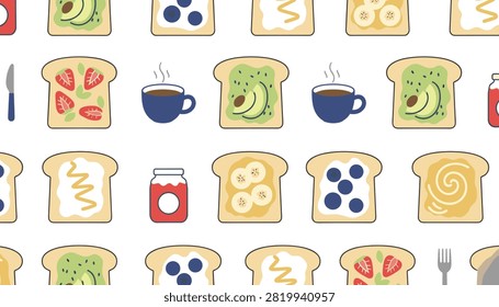 Seamless pattern featuring delicious toasts with different toppings, coffee cups, and jam jars on white background.