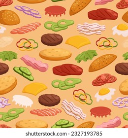 Seamless Pattern Featuring A Delightful Arrangement Of Burger Ingredients, Including Juicy Meat, Fresh Lettuce, Ripe Tomatoes, Melted Cheese, Bacon And Savory Condiments. Cartoon Vector Illustration