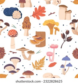 Seamless Pattern Featuring A Delightful Array Of Forest Mushrooms, Creating A Whimsical And Enchanting Design