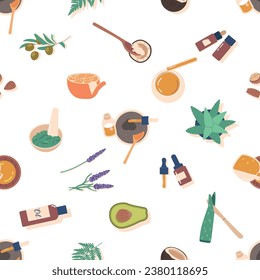 Seamless Pattern Featuring A Delightful Array Of Botanical Ingredients And Tools For Crafting Natural Oils, Vector Tile