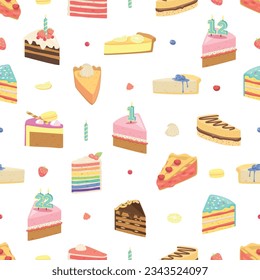 Seamless Pattern Featuring Delightful Cake Slices. Festive Pastry and Desserts In Various Flavors And Designs