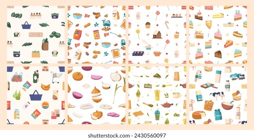 Seamless Pattern Featuring Delightful Matcha Meals, Peanut Products And Desserts, Micro Greens, Vegetable, Dairy Foods