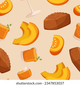 Patrón sin Marea Con Deliciosos Platos De Calabaza, Zumo Y Pie. Fondo de mosaico otoñal para varios productos de diseño como cocina, papel tapiz, artículos de escritorio o textiles. Ilustración del vector de dibujos animados