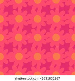 Seamless pattern featuring dense fuchsia flowers with soft overlapping shadow effects and bright orange centers. Ideal for retro floral textiles, wrapping papers, and vibrant design projects.