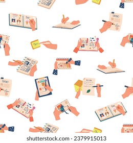 Seamless Pattern Featuring Diverse Hands Making Colorful Notes In Notepad, Calendar, Photo Album, Diary, Postcard