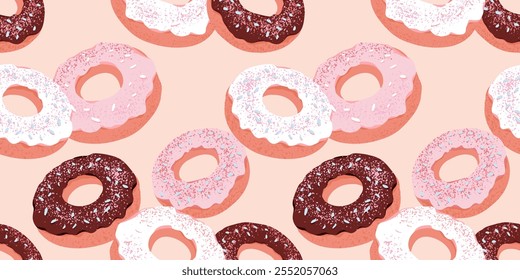 Patrón sin fisuras con rosquillas con glaseado de chocolate, rosa y blanco, rociado con coberturas, sobre un fondo de melocotón pastel. Diseño perfecto para proyectos de panadería, o diseños textiles.