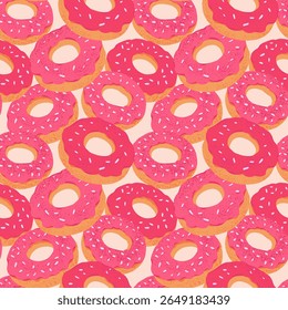 Seamless pattern featuring donuts with pink glaze, topped with sprinkles. Perfect repeated print for bakery packaging, cafe decor, food-themed designs, wrapping paper, and digital projects.