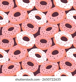 Seamless pattern featuring donuts topped with sprinkles on a brown background. Perfect repeated print for bakery packaging, cafe decor, food-themed designs, wrapping paper, and digital projects.
