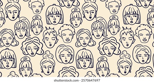 seamless pattern featuring doodle women's faces