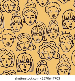 seamless pattern featuring doodle women's faces