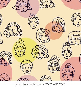 seamless pattern featuring doodle women's faces