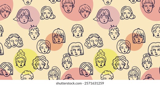 seamless pattern featuring doodle women's faces