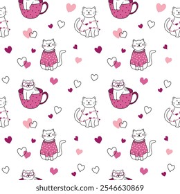 A seamless pattern featuring doodle-style cats in love, perfect for Valentine's Day prints, fabric, wrapping paper, and romantic designs
